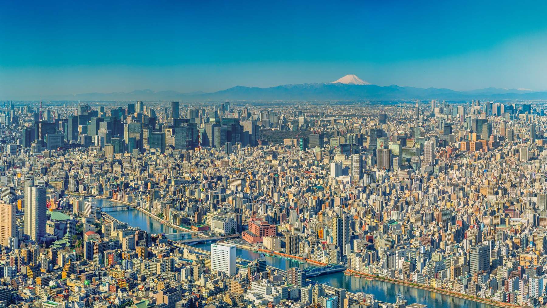 Aerial panorama of the Tokyo skyline and Sumida River with Mt Fuji on the horizon and Tokyo Tower at far left